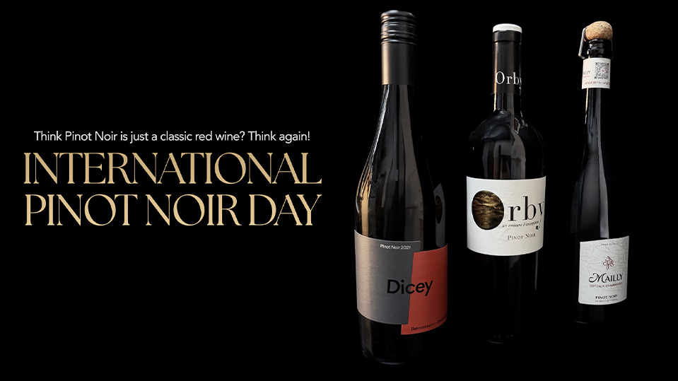 International Pinot Noir Day banner featuring three Pinot Noir wine bottles on a black background, alongside the text “Think Pinot Noir is just a classic red wine? Think again!”