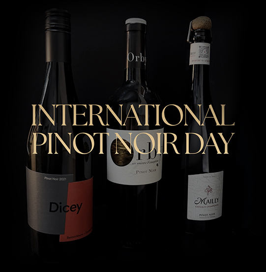 International Pinot Noir Day graphic featuring three Pinot Noir wine bottles against a dark background, with large gold text reading International Pinot Noir Day.