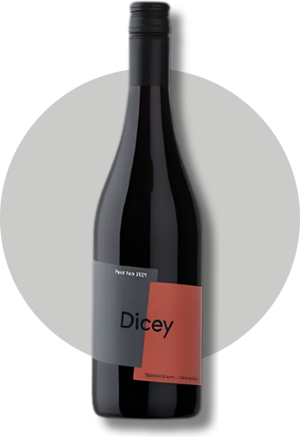 2021 Dicey Bannockburn Pinot Noir red wine bottle with a grey and red label.