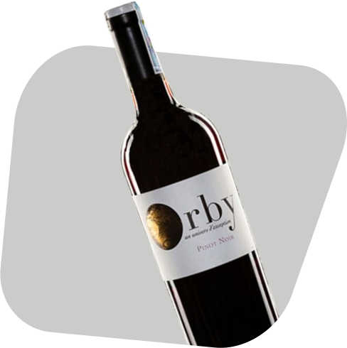 Orby Pinot Noir red wine bottle with a white label and gold circular design.
